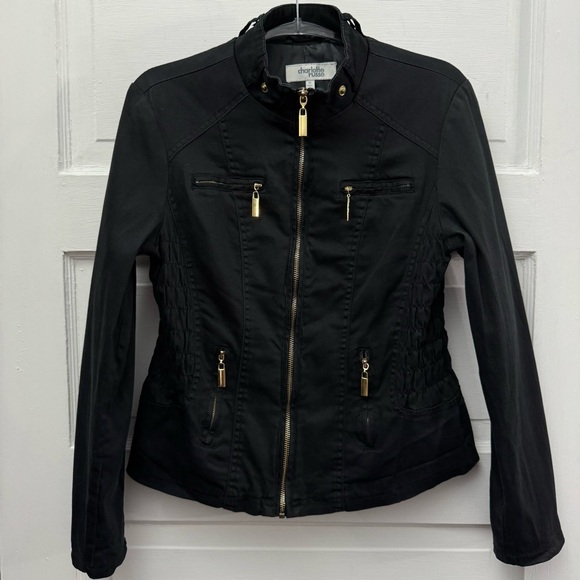Jackets & Blazers - Charlotte Russe Black Moto Jacket Gold Zip Snap Collar M